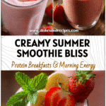 Glass of creamy strawberry banana smoothie topped with fresh fruit and mint for a refreshing breakfast.